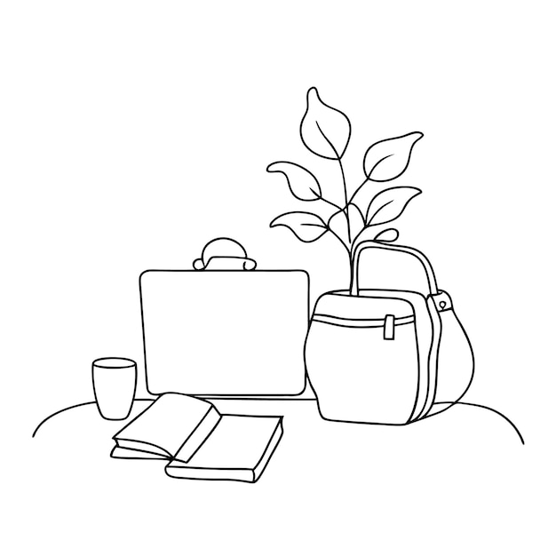 Single line drawing of a book with a plant on it coloring page