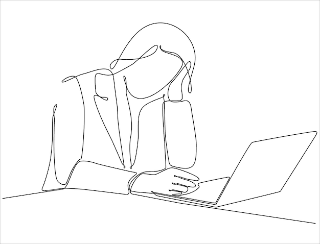 Single line drawing of businesswoman typing business ideas concept on laptop while sitting premium