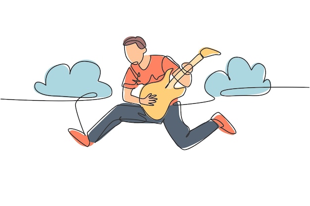 Vector single line drawing energetic guitarist jumping at stage and playing electric guitar design vector