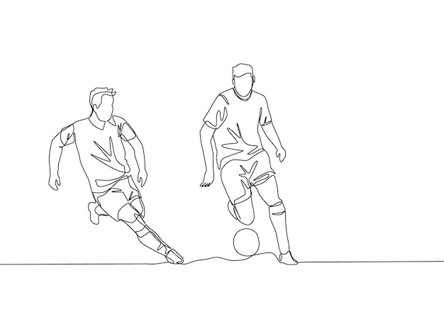 Single line drawing of football player chasing opponent player who dribbled the ball passing him