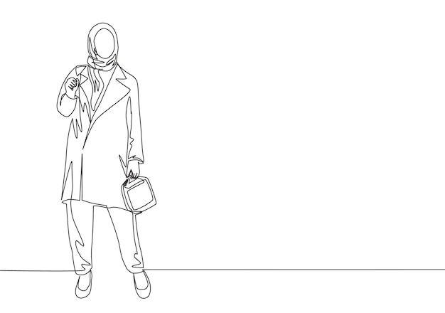 Single line drawing of happy muslimah pose standing and ready to go hangout trendy hijab fashion