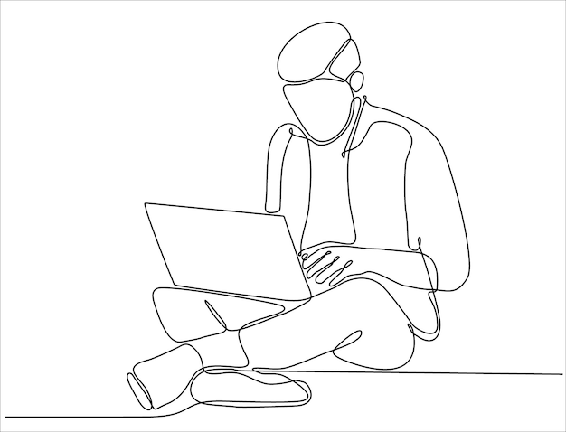 Single line drawing of male businessman typing business ideas concept on laptop while sitting premi