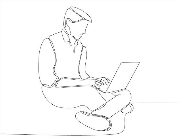 Single line drawing of male businessman typing business ideas concept on laptop while sitting premi