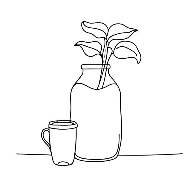 Single line drawing of a plant and a vase with a plant in it coloring page