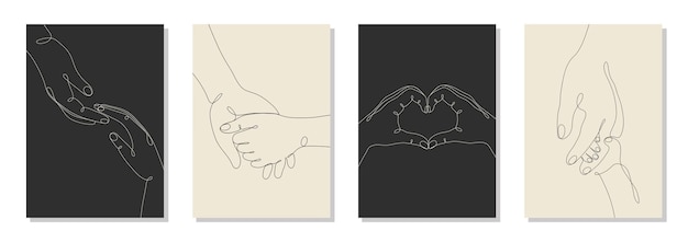 Single line drawn hand gestures set minimalistic hands showing love Dynamic continuous one line