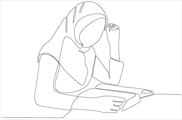 single line drawn muslim girl continuously reading a book hand drawn silhouette premium vector