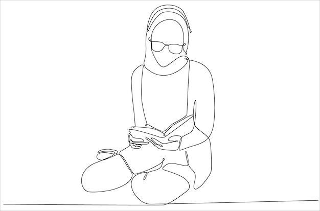 single line drawn muslim girl continuously reading a book hand drawn silhouette premium vector