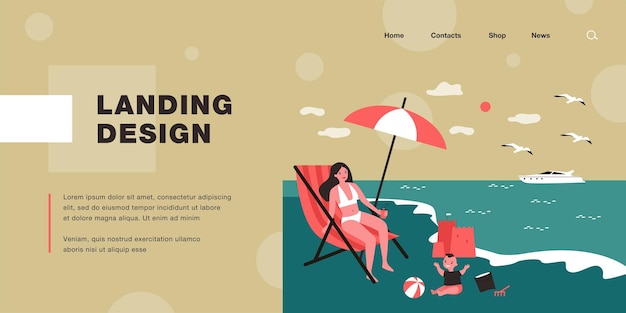 Single mother relaxing on beach with son. Woman sitting on chair, child playing with ball, sand castle flat vector illustration. Vacation, family concept for banner, website design or landing web page