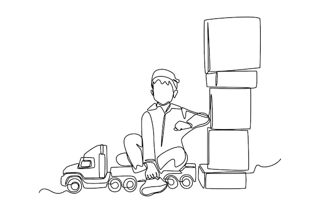 Single one line drawing boy is sitting in a big toy truck with cardboard boxes Cargo Concept Continuous line draw design graphic vector illustration