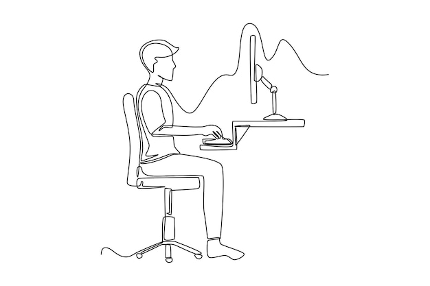 Single one line drawing correct male sitting position while working Healthcare at office concept Continuous line draw design graphic vector illustration