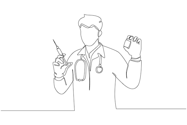 Single one line drawing doctor holds vaccine and syringe for a patient Need a Doctor concept Continuous line draw design graphic vector illustration