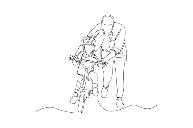 Single one line drawing a father learning his son how to ride a bicycle Family time concept Continuous line draw design graphic vector illustration