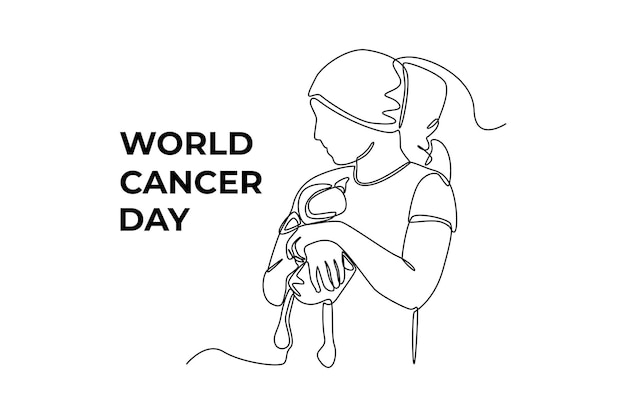 Single one line drawing Girl cover her head with hat or headscarf holding dolls World cancer day concept Continuous line draw design graphic vector illustration