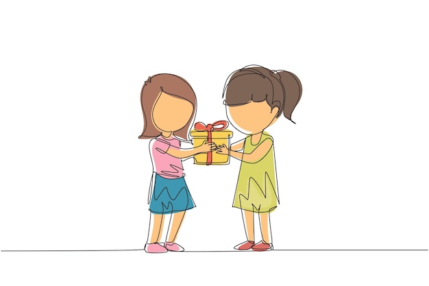 Single one line drawing girl giving her friend birthday ribbon bow gift box Children excited receiving gift from friend Child hand over holiday present Continuous line draw design graphic vector