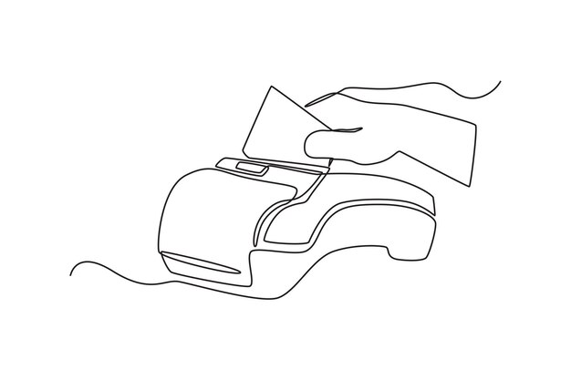 Single one line drawing hand using a credit or debit card for transactions through the terminal Cashless payment concept Continuous line draw design graphic vector illustration