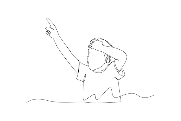 Single one line drawing happy boy looking up and pointing with his finger Pointing concept Continuous line draw design graphic vector illustration