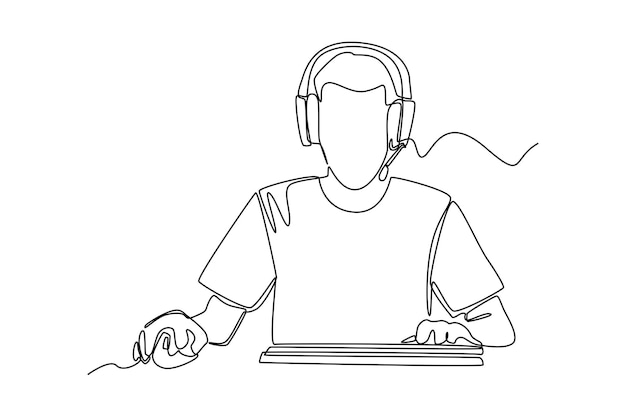 Single one line drawing happy boy wearing headset playing online video game on his computer Esports game concept Continuous line draw design graphic vector illustration