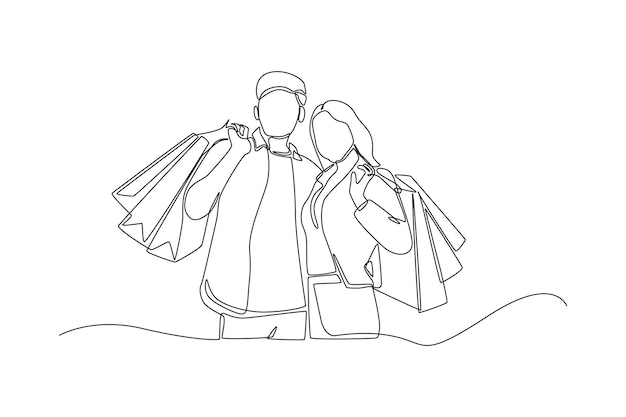 Single one line drawing happy couple with bags shopping on black friday Black Friday concept Continuous line draw design graphic vector illustration