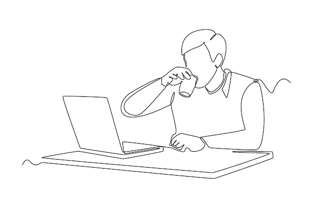 Single one line drawing happy man drinking water when working in front of laptop Healthcare at office concept Continuous line draw design graphic vector illustration