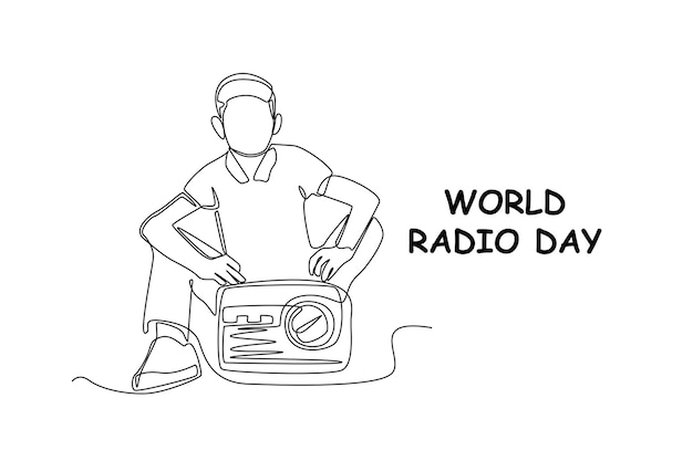 Single one line drawing happy young boy listening music with earphone World radio day concept Continuous line draw design graphic vector illustration