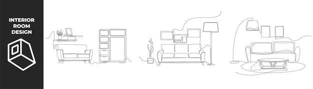 Single one line drawing interior room concept Living room set with furniture Comfortable sofa book case house plants and Decor accessories Continuous line draw design graphic vector illustration