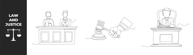 Vector single one line drawing law set concept lawyer law hammer judge is sitting on chair and writing on a notebook continuous line draw design graphic vector illustration