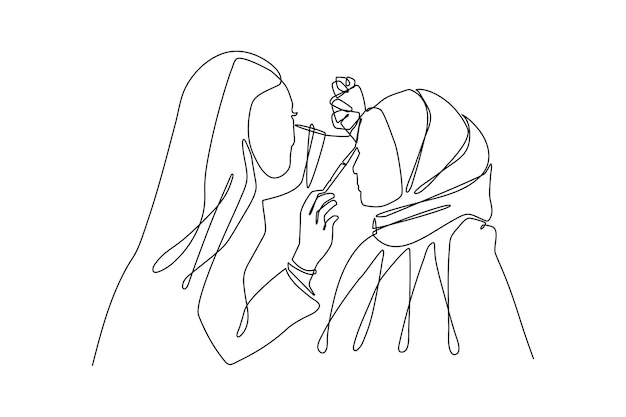 Single one line drawing make up artist muslim applying make up to her friend in make up room Cosmetology activity concept Continuous line draw design graphic vector illustration