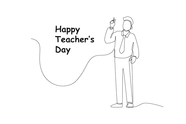 Single one line drawing Male teacher standing and writing with pen in hand Suitable for greeting card International teacher's day concept Continuous line draw design graphic vector illustration