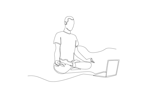 Single one line drawing Man having yoga course online via laptop at home Virtually concept Continuous line draw design graphic vector illustration