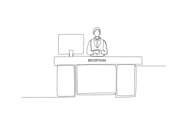 Single one line drawing manager behind registration desk Receptionist and guests Hotel activity concept Continuous line draw design graphic vector illustration