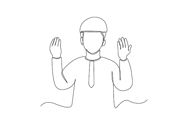 Single one line drawing muslim boy praying with his hands Ramadan Concept Continuous line draw design graphic vector illustration