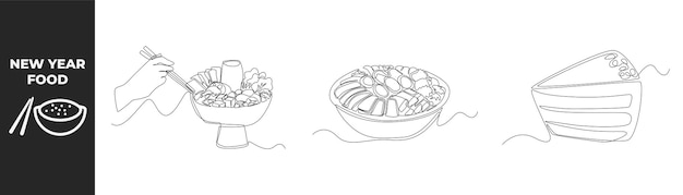 Single one line drawing new year food set concept Hand ready to enjoy delicious hotpot together and foods other Continuous line draw design graphic vector illustration