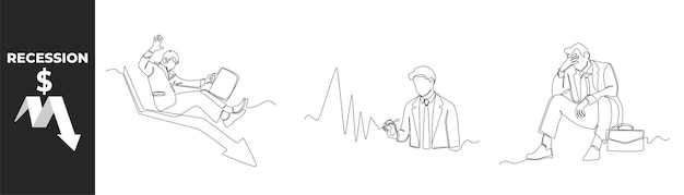 Single one line drawing recession economy set concept Recession 2023 Businessman falling on the arrow Presenting falling sales graph and have been laid off Design graphic vector illustration