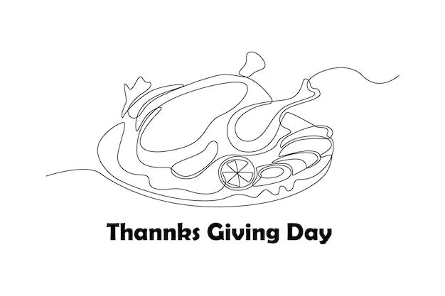 Single one line drawing roasted turkey on the plate Thanks giving concept Continuous line draw design graphic vector illustration