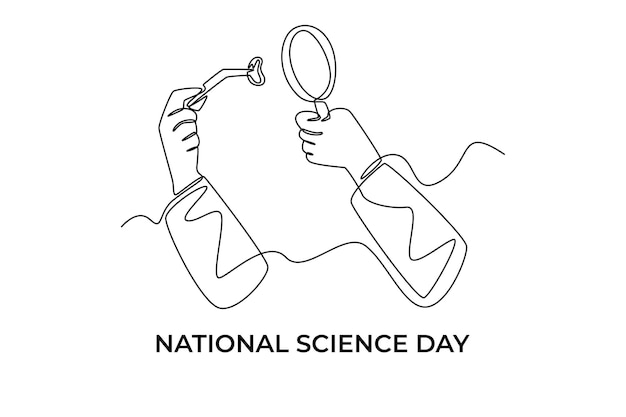 Single one line drawing scientist hand looking a sample with magnifying glass in a laboratory Science day concept Continuous line draw design graphic vector illustration