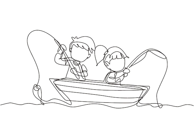 Single one line drawing smiling little boy and girl fishing together on boat. Happy holiday concept