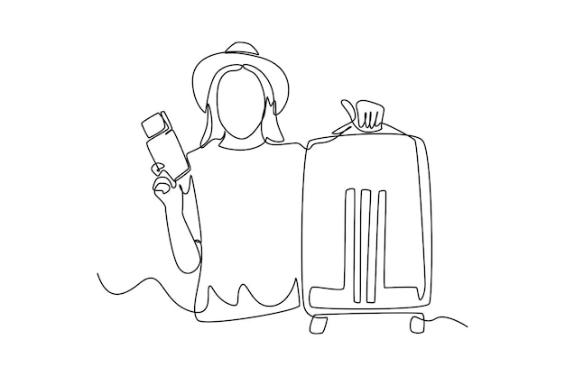 Single one line drawing traveling young woman at the airport terminal with suitcase and boarding pass tickets Air transportation Concept Continuous line draw design graphic vector illustration