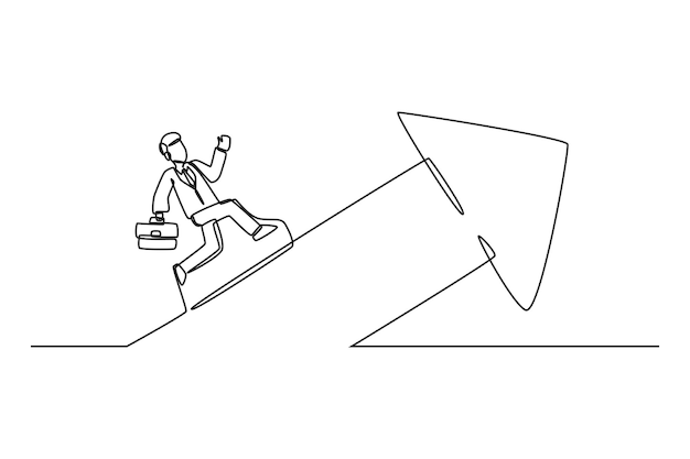 Single one line drawing of young businessman with suitcase running up on the arrow Success business growth strategy minimal concept Modern continuous line draw design graphic vector illustration