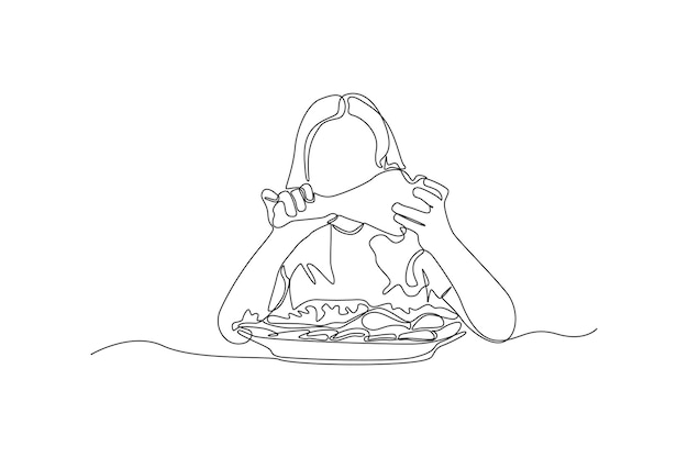 Single one line drawing young girl eating chicken Thanks giving concept Continuous line draw design graphic vector illustration