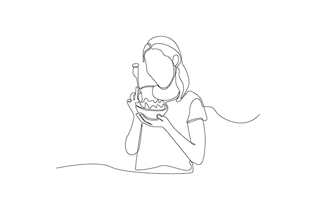 Single one line drawing young girl fresh eating salad in bowl World food day concept Continuous line draw design graphic vector illustration