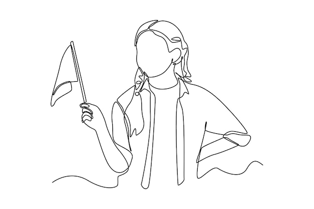 Single one line drawing young girl smiling and holding flag in hand at the celebration of presidents day Presidents Day Concept Continuous line draw design graphic vector illustration