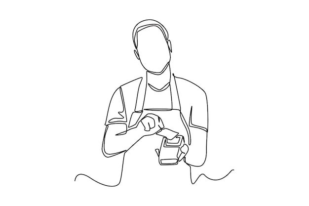 Single one line drawing Young man barista in coffee shop using wireless bank payment terminal for transactions Cashless payment concept Continuous line draw design graphic vector illustration