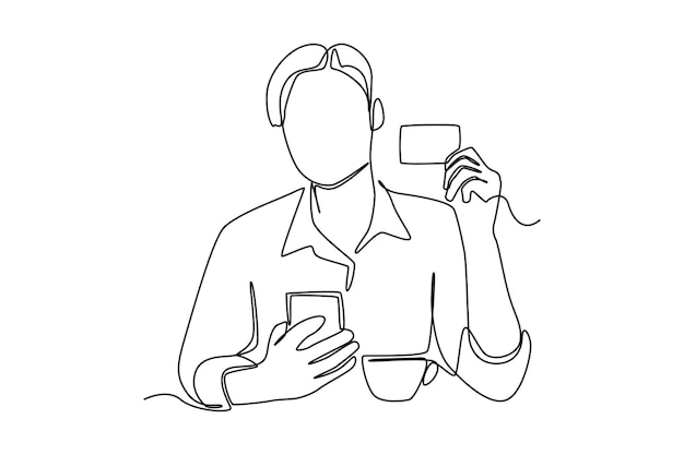 Single one line drawing Young man buy takeaway cup coffee at bar counter holding payment credit bank card Cashless payment concept Continuous line draw design graphic vector illustration