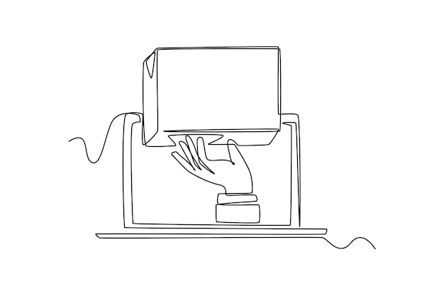 Single oneline drawing a hand lifting a package box in a laptop ECommerce concept