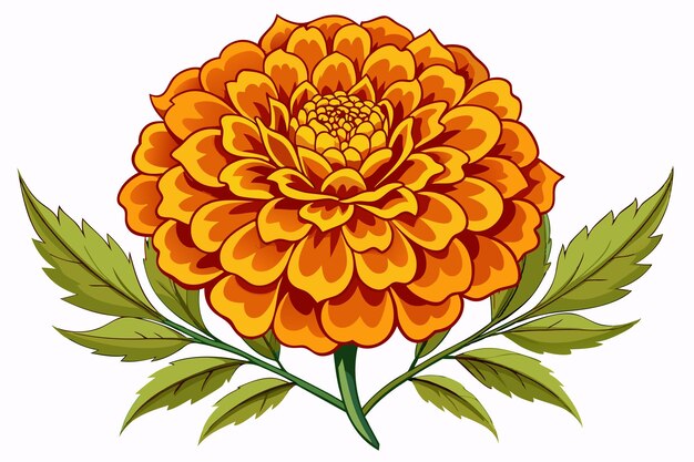 Vector a single orange marigold flower with green leaves