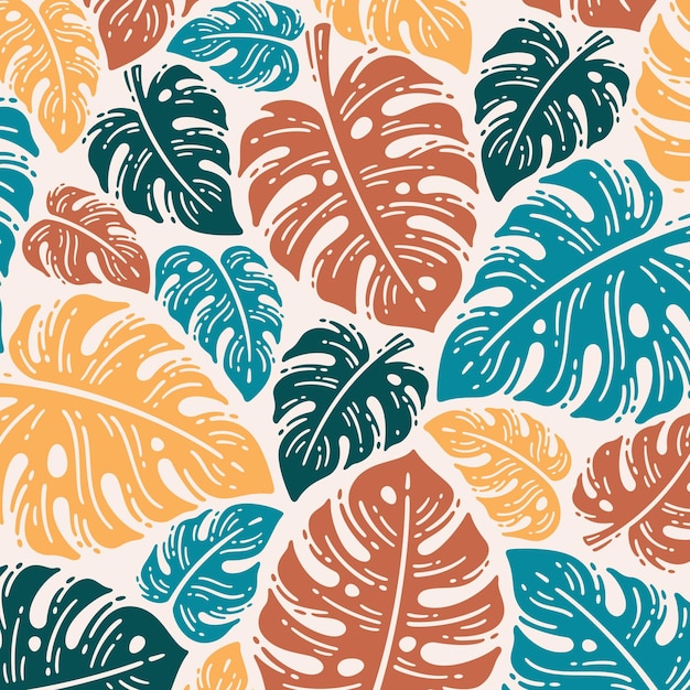 single pattern of monstera leaves in doodle vintage design