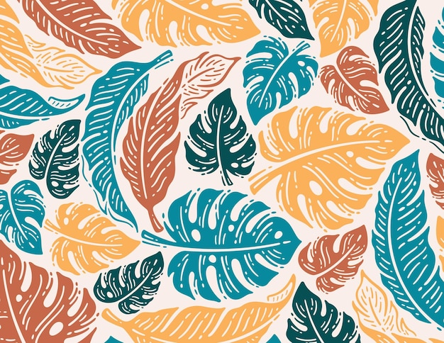 single pattern of palm leaves in doodle vintage design