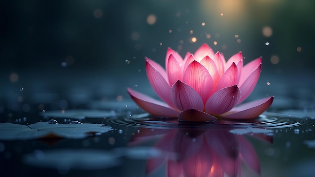 Vector a single pink lotus flower blooming on a dark serene water surface