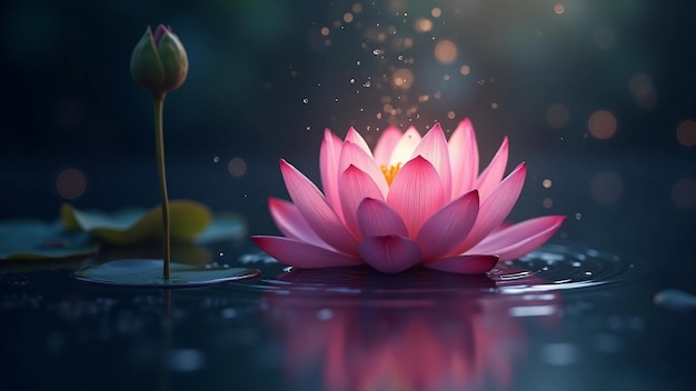 A single pink lotus flower blooming on a dark serene water surface