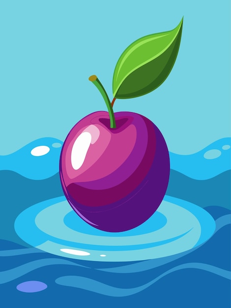 Vector a single plum floating on water with a single green leaf